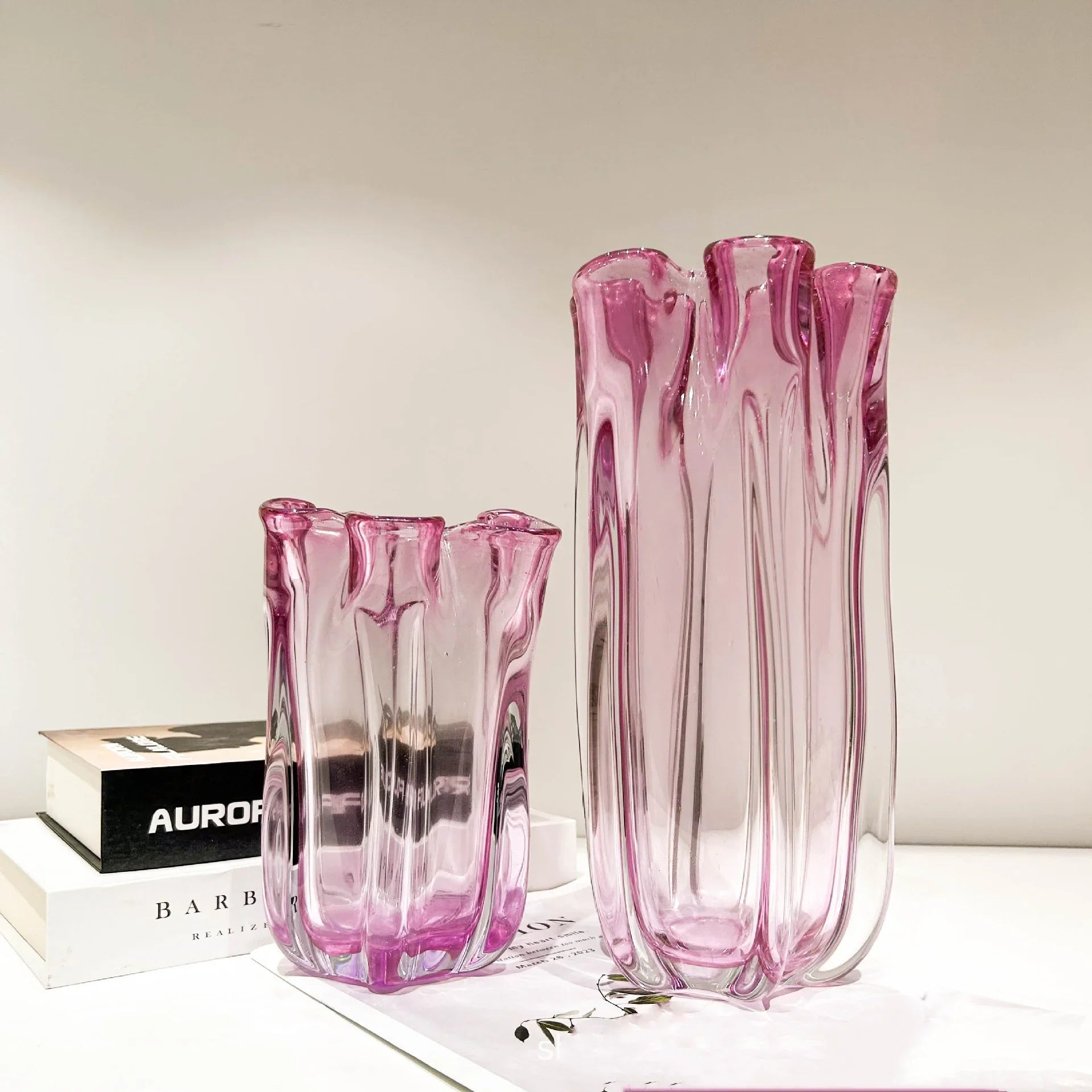 Afralia™ Pink Glass Vase Petal Fold for Transparent Floral Arrangement and Home Decoration
