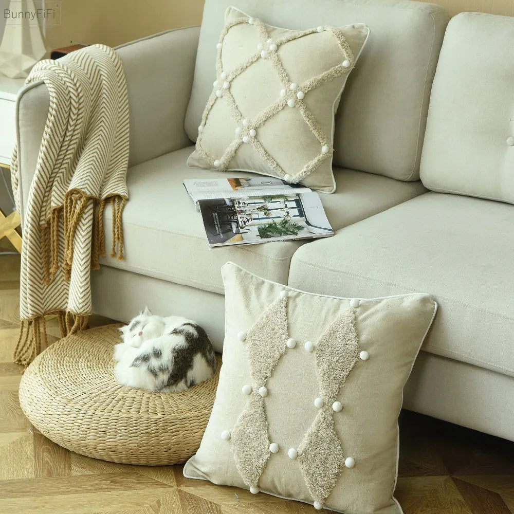 Afralia™ Ivory Boho Style Cushion Cover with Colorful Pompoms