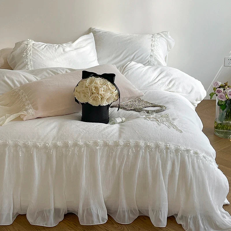 Afralia™ Romantic Lace Ruffles Bedding Set with Flowers Embroidery