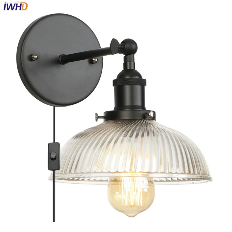 Afralia™ Black LED Wall Lamp Vintage Style Iron Bedside Light Glass Wall Sconce