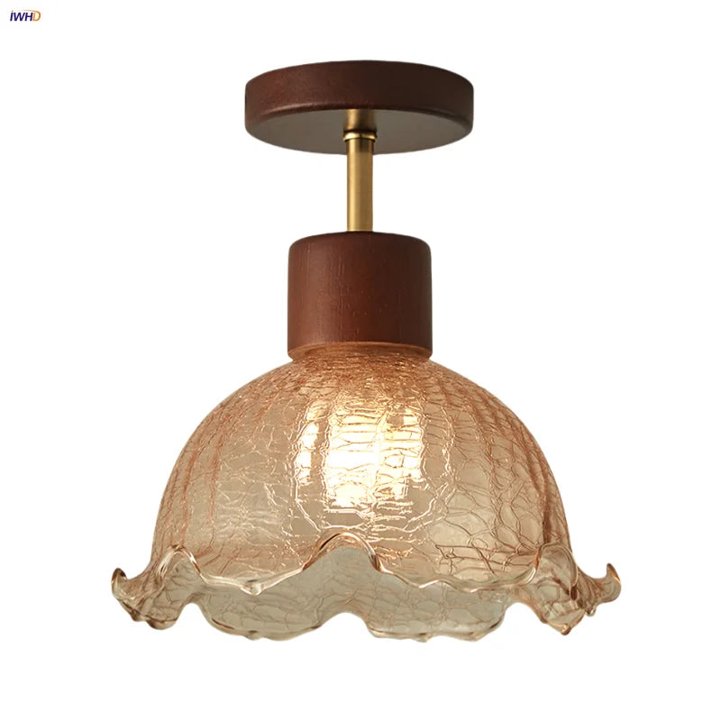 Afralia™ Amber Ice Crack Glass Wood Ceiling Light - Nordic Modern LED Fixture
