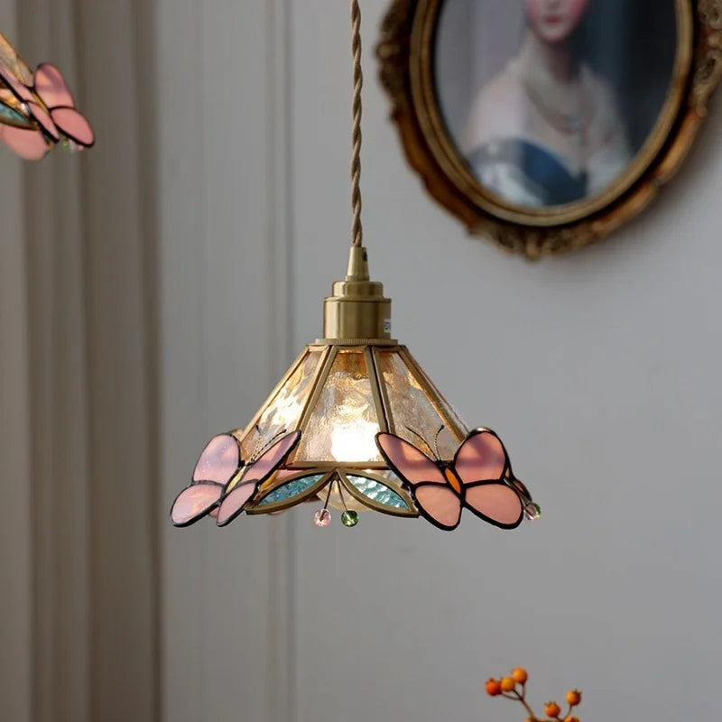 Afralia™ Tiffany Style Butterfly Glass Flower LED Pendant Lamp for Bedroom and Kitchen