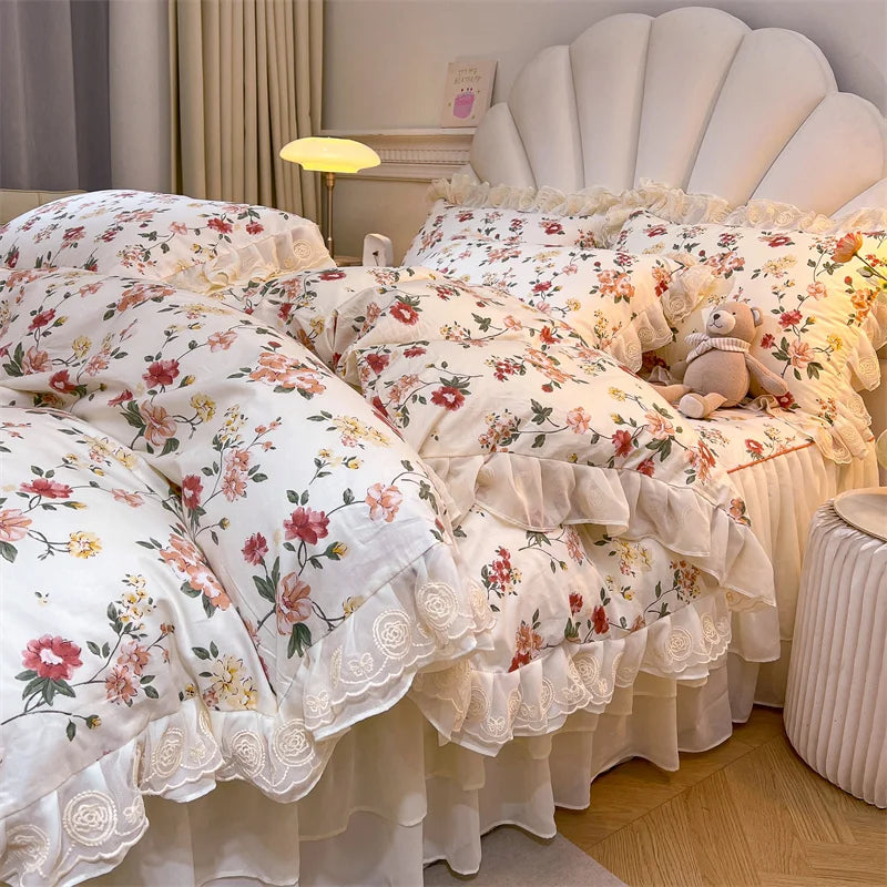 Afralia™ Princess Lace Ruffles Floral Bedding Set with Duvet Cover and Bed Skirt