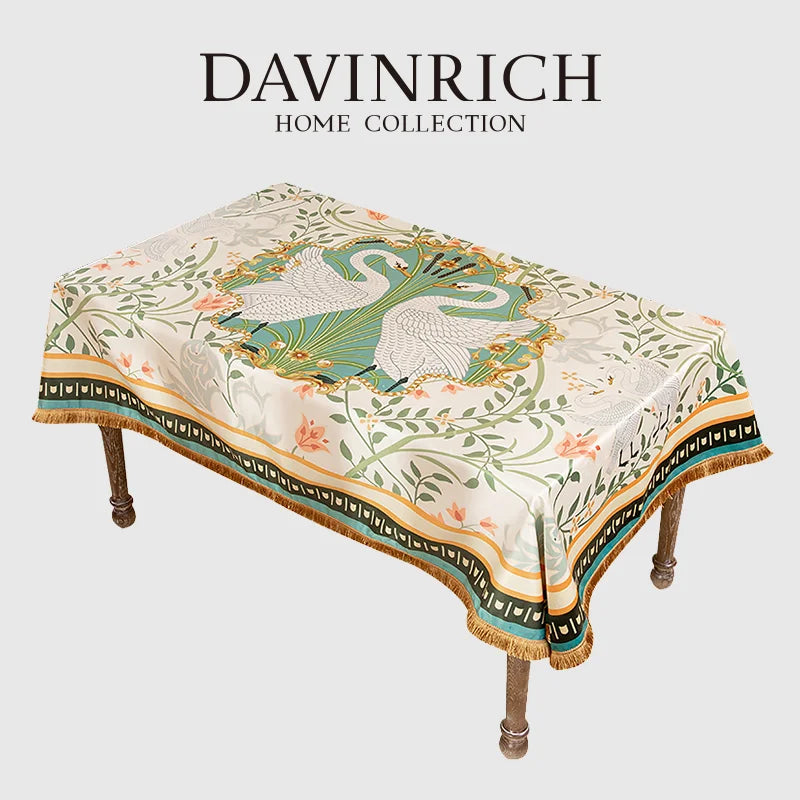 Afralia™ Double Swan & Floral Print Velvet Tablecloth with Tassels