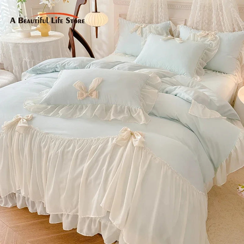 Afralia™ Korean Lace Bow Bedding Set: Luxury Princess Quilt Cover for Girls Wedding Home Textiles