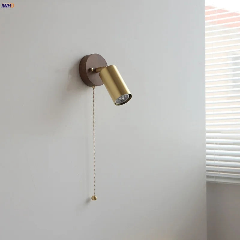 Afralia™ Copper Lampshade LED Wall Sconce Pull Chain Switch Nordic Modern Walnut Wood Mirror Light