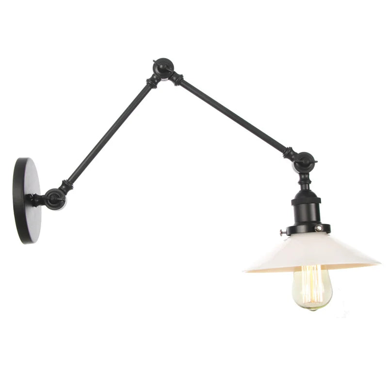 Afralia™ Black Vintage Wall Lamp White Glass Industrial Swing Arm Adjustable Bedside