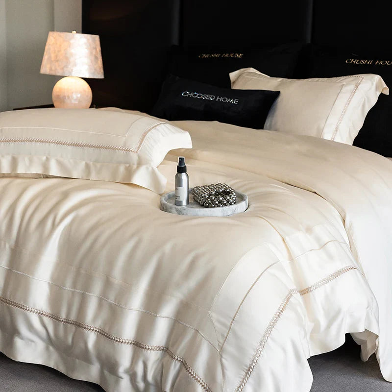 Afralia™ Light Champagne Luxury Embroidery Bedding Set with 1000TC Egyptian Cotton - 4Pcs