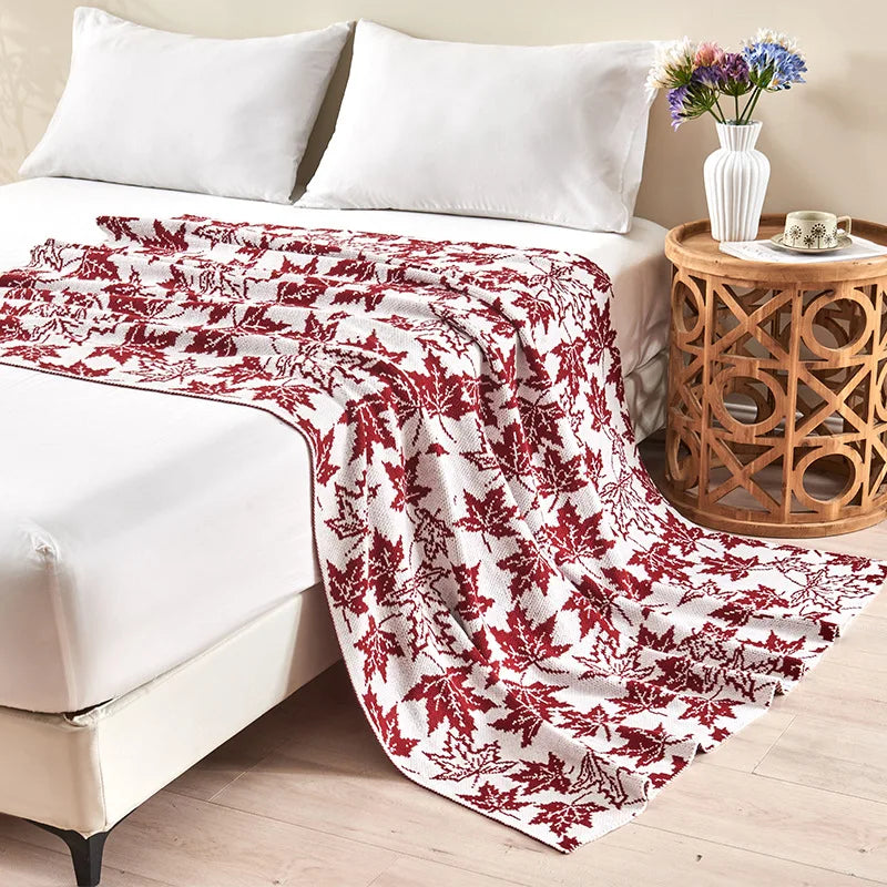 Afralia™ Red Maple Leaf Jacquard Knitted Towel Blanket - Multiuse Skin-Friendly Bed Sheet