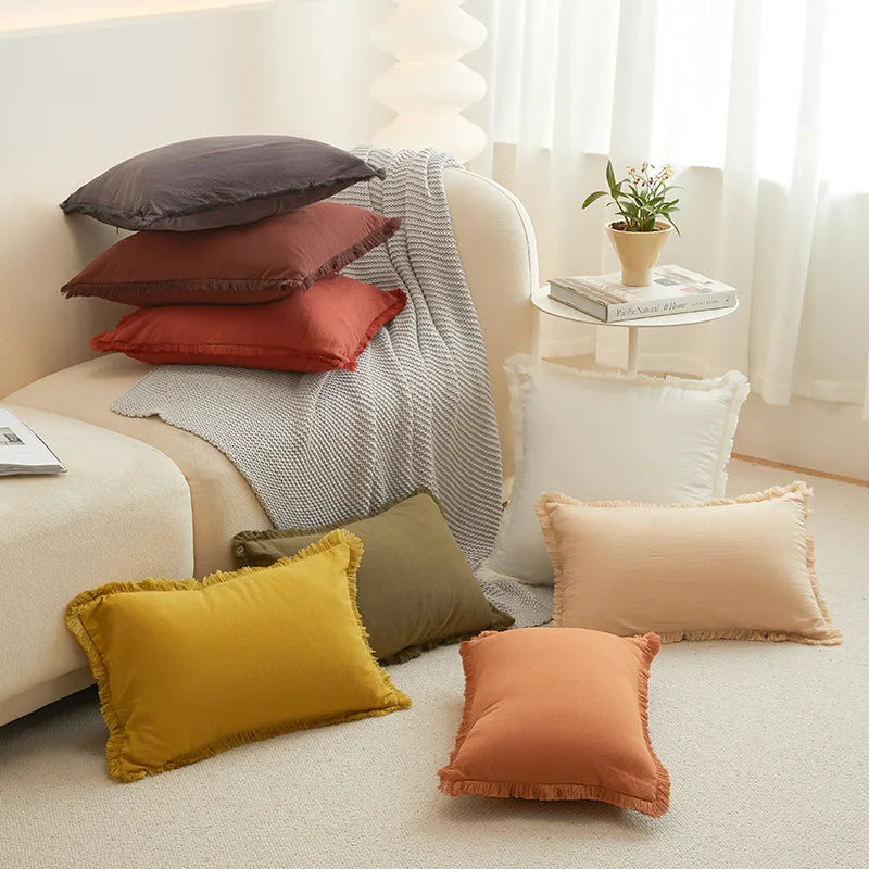 Afralia™ Washed Cotton Fringed Tassel Pillow Cover, White Mustard, 45x45cm, 30x50cm