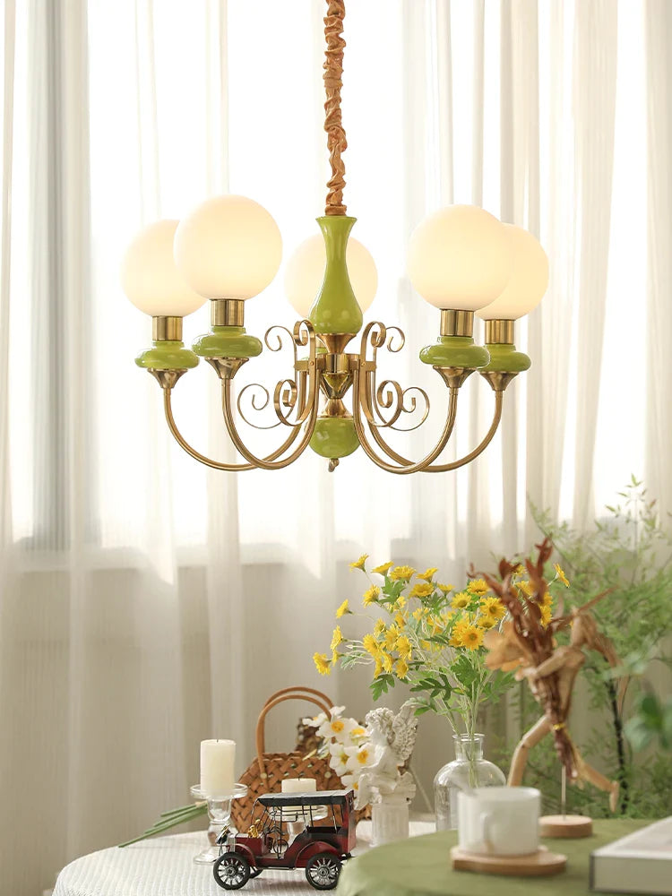 Afralia™ Vintage Green Chandelier: Pastoral Cream Lighting Fixture for Bedroom, Home, and Restaurant