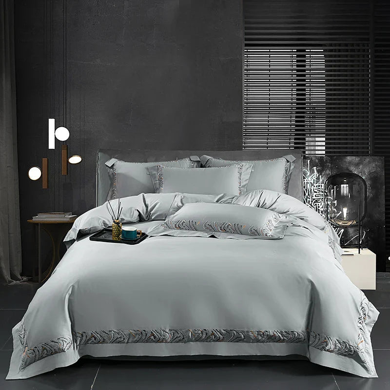 Afralia™ Zebra Print Embroidery Bedding Set 800TC Egyptian Cotton Grey Orange, Duvet Cover Flat Sheet Pillowcases