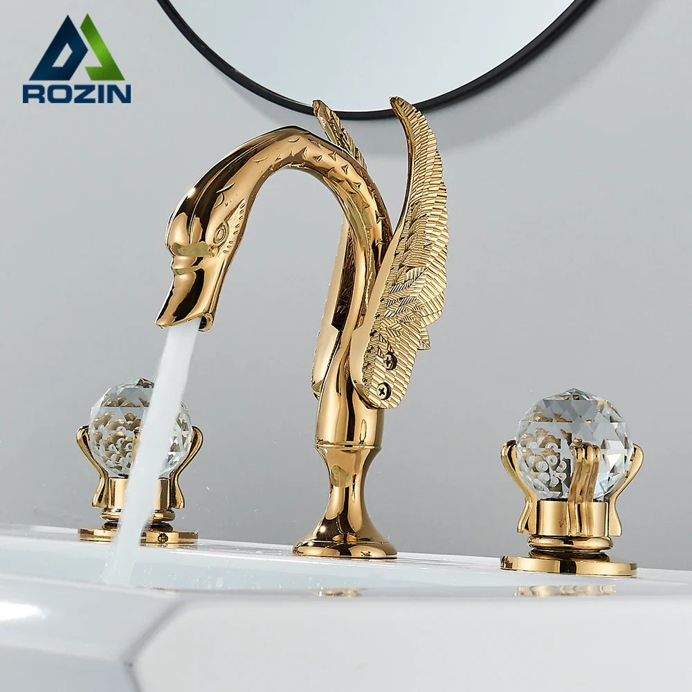 Afralia™ Gold Swan Basin Faucet - Dual Crystal Handle Bathroom Mixer Tap - Cold/Hot Water