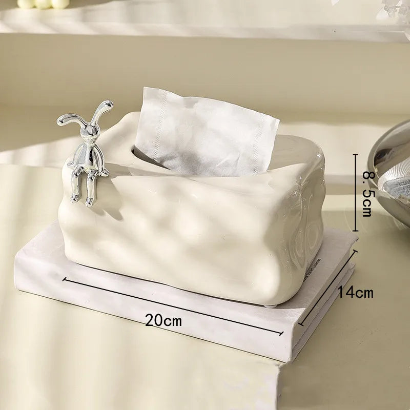 Afralia™ Silver Ceramic Tissue Box & Rabbit Napkin Holder - Home Desktop Storage