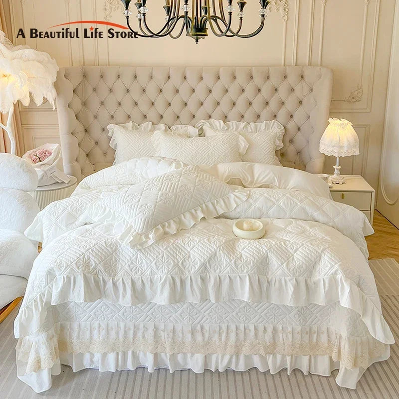 Afralia™ Korean Princess Style Quilted Bedding Set with Lace Ruffles 200x230cm