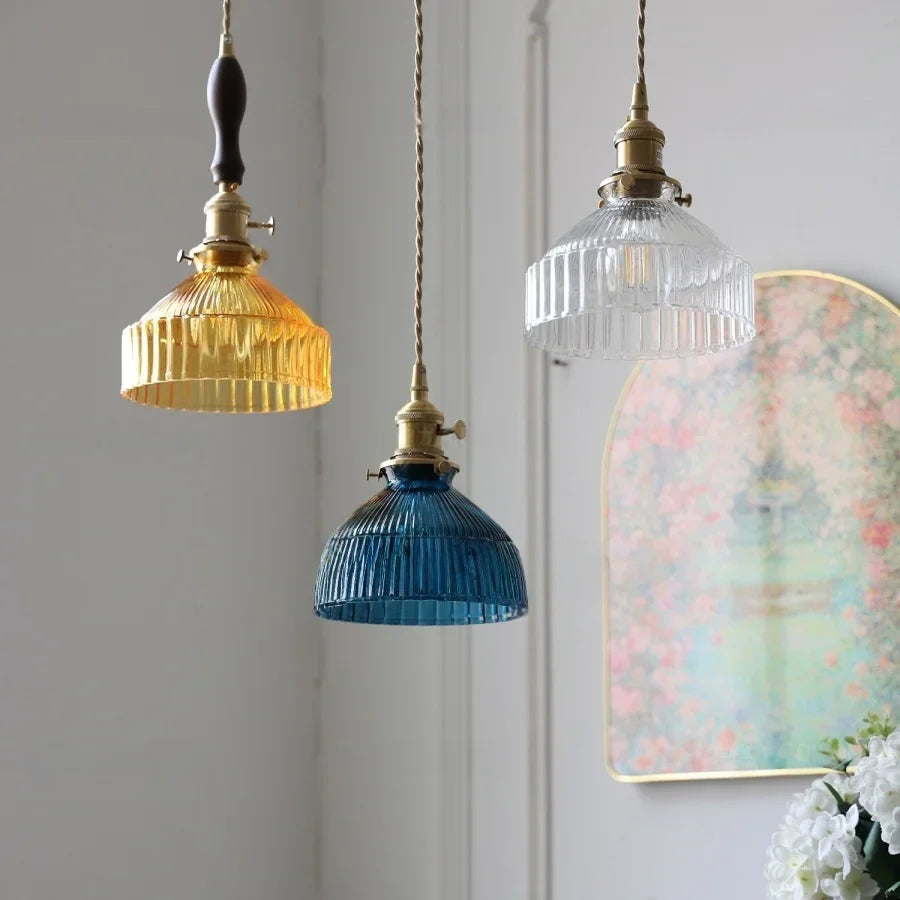 Afralia™ LED Pendant Lights with Blue Glass & Brass Knob Switch for Modern Home Decor