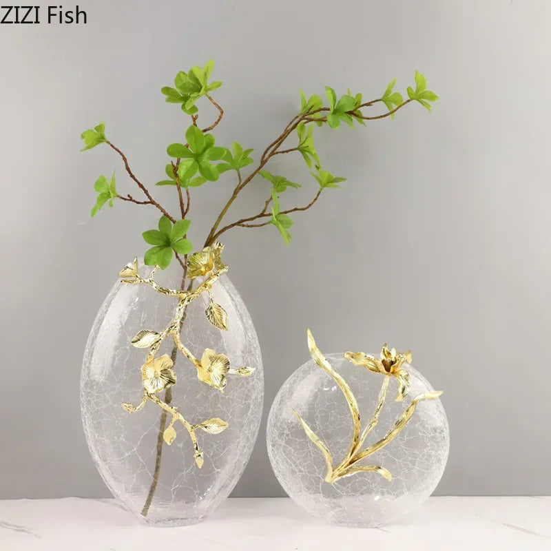 Afralia™ Golden Flower Glass Vase Desk Decoration, Aesthetic Floral Vases, Room Decor