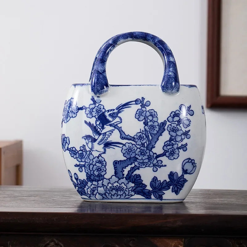 Afralia™ Ceramic Vase Handbag: Blue & White Porcelain Flower Vase Art Craft, Chinese-style Decor