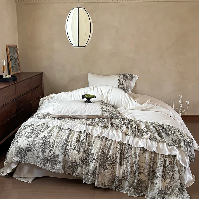 Afralia™ Luxe Lace Ruffles Wedding Bedding Set: Duvet Cover, Bed Sheet, 2 Pillowcases
