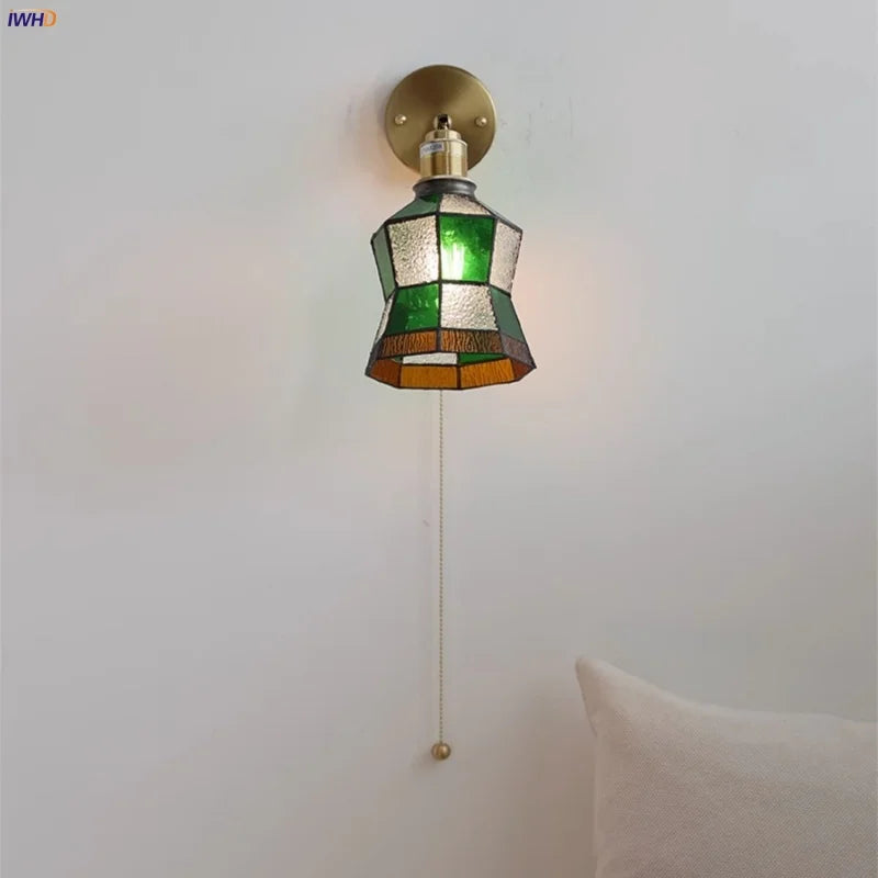 Afralia™ Tiffany Glass LED Wall Lamp with Pull Chain Switch