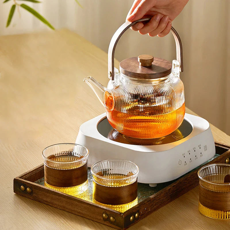 Afralia™ Glass Tea Pot with Wooden Handle and Cover, Stainless Steel Filter, Steaming Tea Set