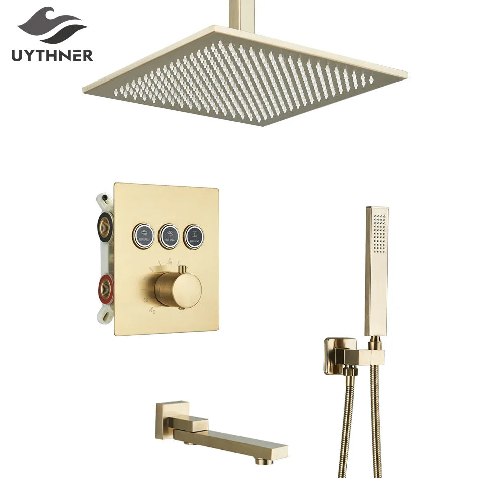 Afralia™ Gold Thermostatic Rainfall Shower Faucet Mixer Set for Bathroom with Ceiling Wall Mount