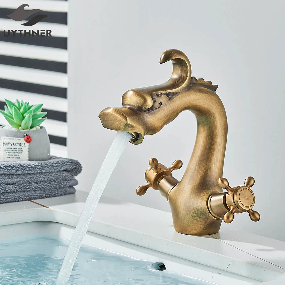 Afralia™ Dragon Style Bathroom Basin Faucet with Hot Cold Water Mixer Tap