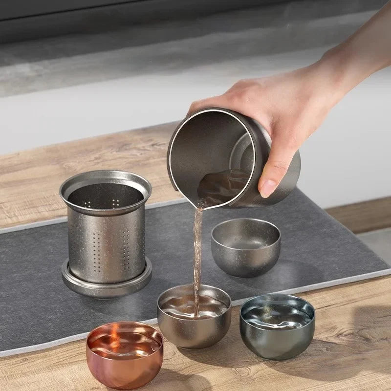 Afralia™ Pure Titanium Kung Fu Tea Set with Double-Layer Teapot - Portable Outdoor Travel