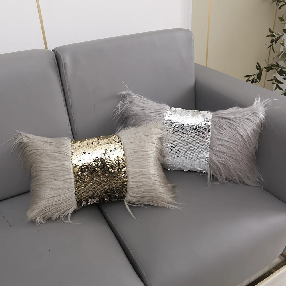 Afralia™ Sequin Fur Cushion Cover 30x50cm Gold - Stylish Decorative Sofa Pillowcase