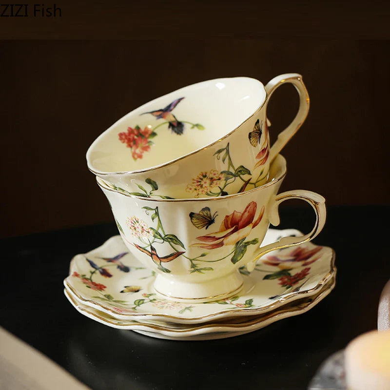 Afralia™ Ceramic Floral Bird Cup & Saucer Set for Dining Table and Coffee - 18 Word Limit