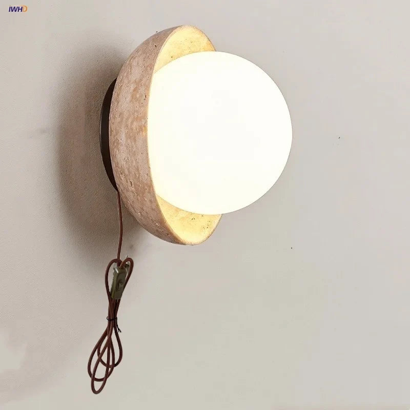 Afralia™ LED Wall Light: Nordic Modern Design with White Glass & Yellow Travertine Wood