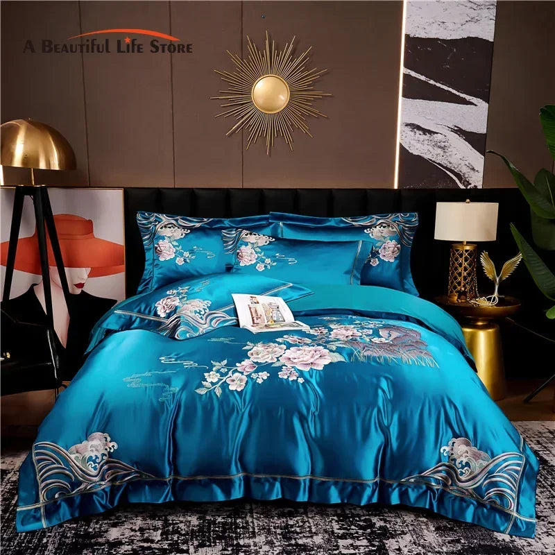 Afralia™ Peony Flowers Embroidery Bedding Set - Luxury Chinese Style - Duvet Cover & Sheets