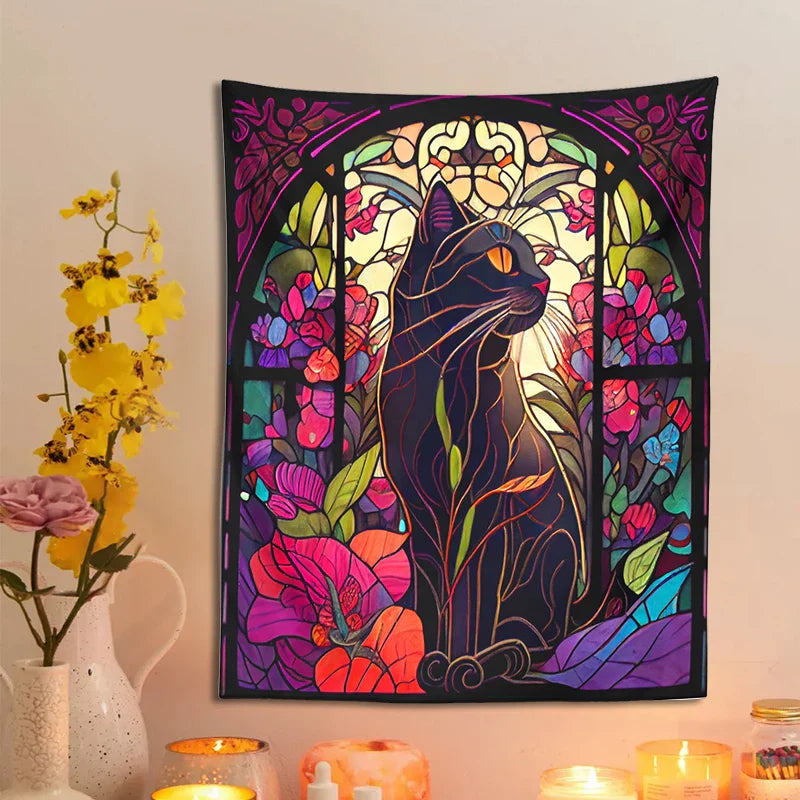 Afralia™ Floral Cat Tapestry Stained Glass Wall Art - Boho Cat Decor