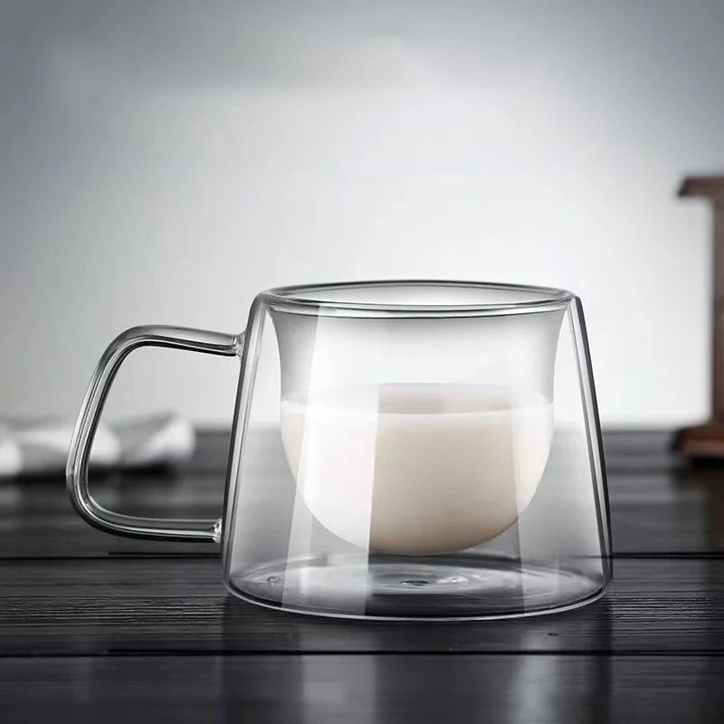 Afralia™ Glass Double Wall Coffee Mug with Handle, 200ml Heat-resistant Espresso Cup