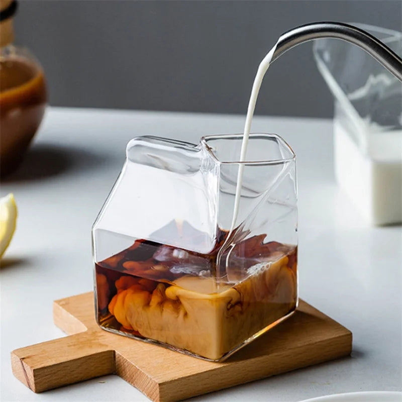 Afralia™ Milk Box Glass Cup for Juice, Coffee, Tea - 300ml Cute Transparent Design
