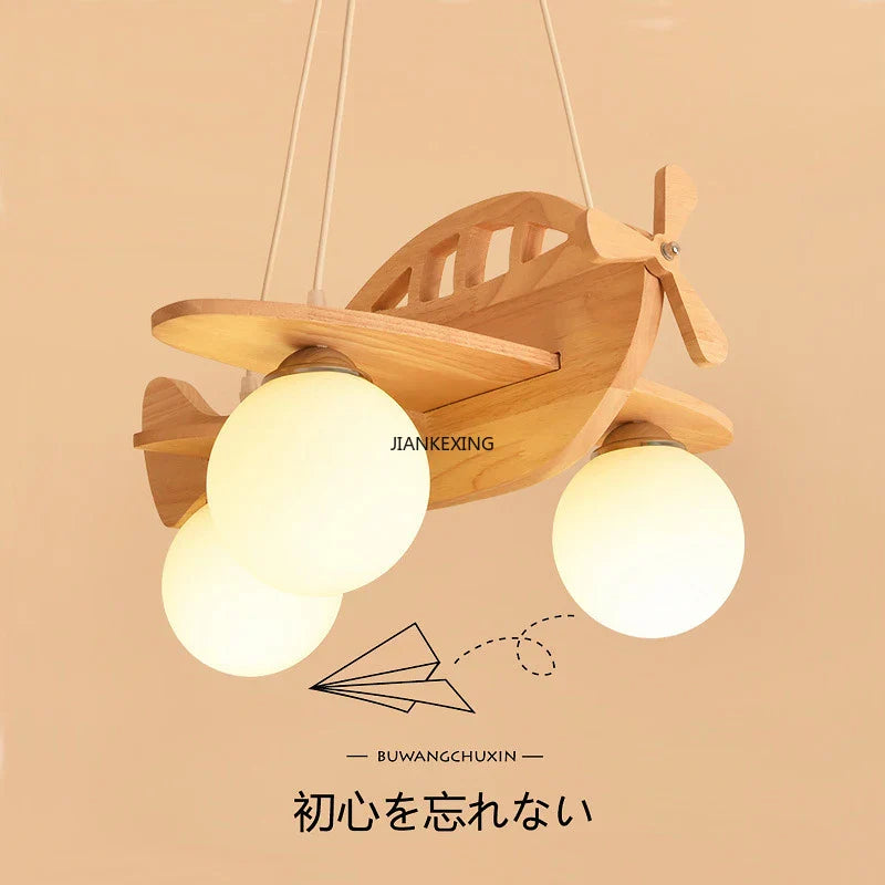 Afralia™ Kids Wood Airplane Chandelier LED Suspension Light for Boy's Bedroom