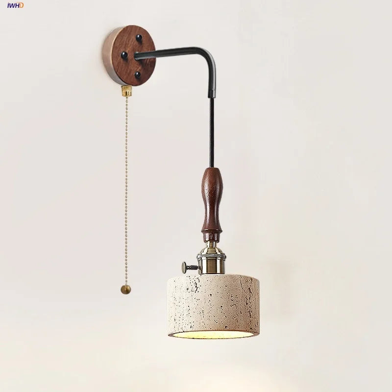 Afralia™ Copper Wood LED Wall Sconce Yellow Travertine Stone Bedside Light