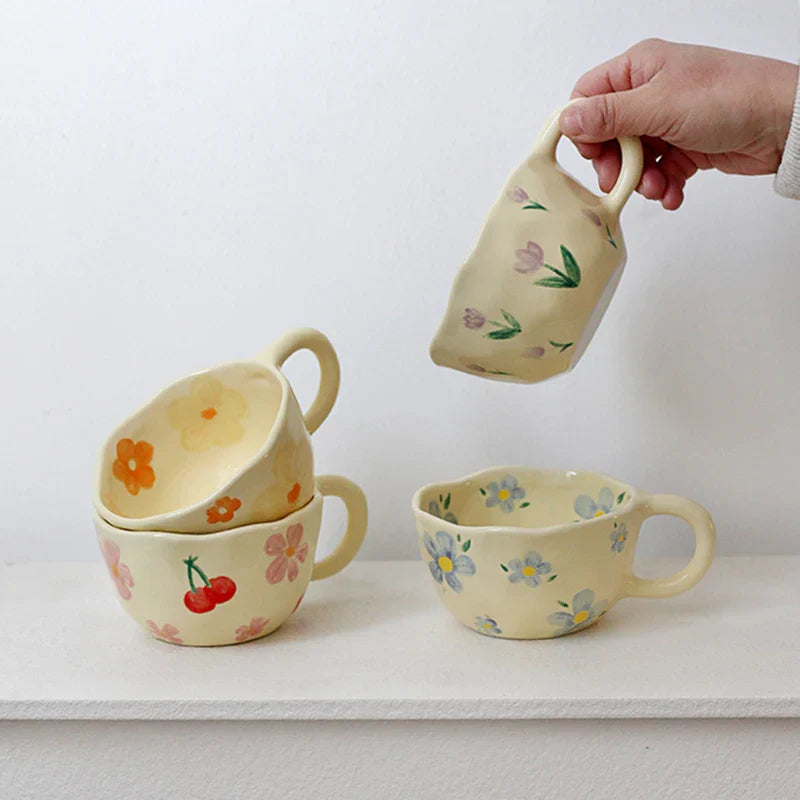 Afralia™ Hand-Pinched Irregular Flower Ceramic Mug for Coffee and Tea - Korean-Inspired Breakfast Cup