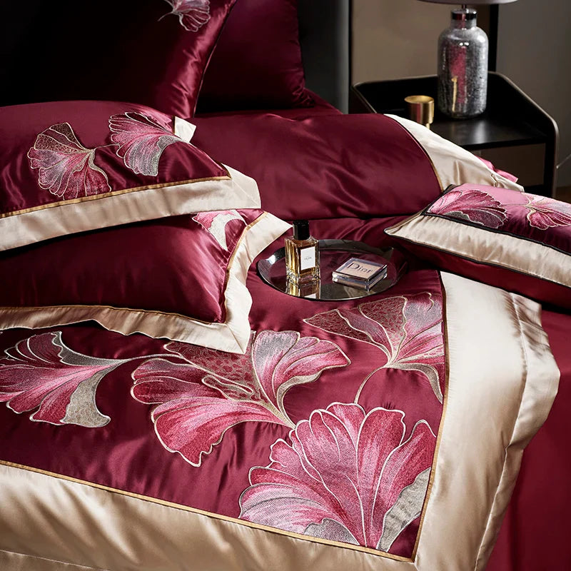 Afralia™ Ginkgo Biloba Embroidery 1000TC Egyptian Cotton Bedding Set