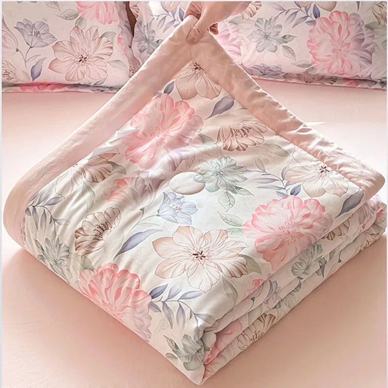 Afralia™ Fashion Flower Print Cool Blanket for Summer Comforter Single Double Bed Home Decor