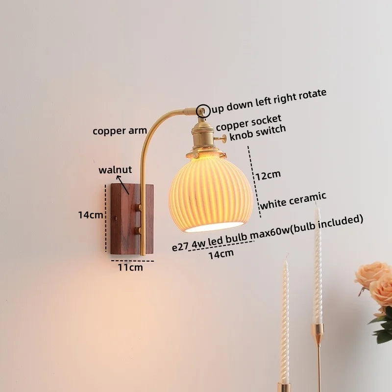 Afralia™ Ceramic Walnut LED Wall Lights Modern Bedside Lamp - Knob Switch