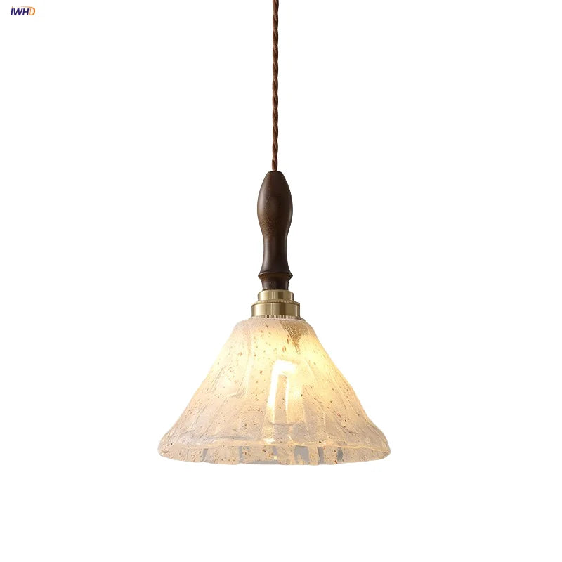 Afralia™ White Glass LED Pendant Light Fixture Walnut Wood Hang Lamp