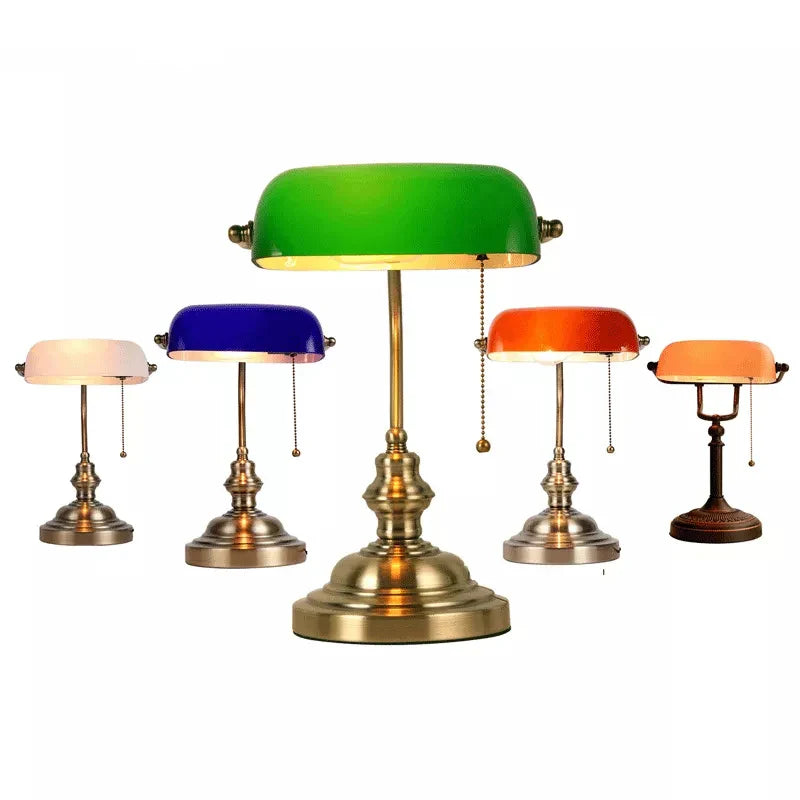 Afralia™ Vintage Green Glass Banker Table Lamp with Switch for Bedroom and Study