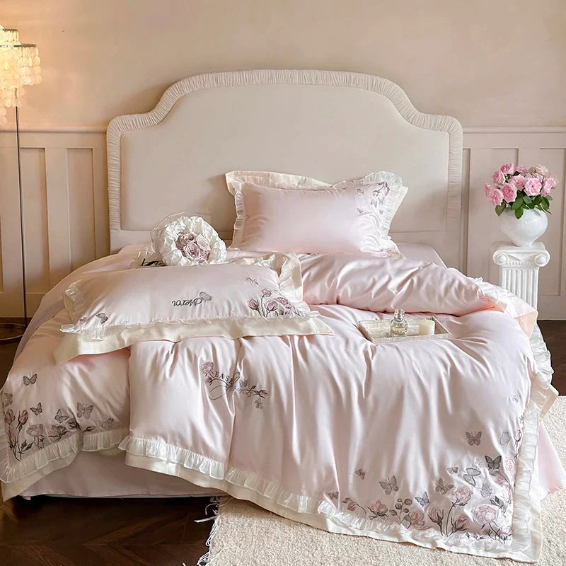 Afralia™ Pink Butterfly Flowers Embroidered Lace Bedding Set - 1000TC Egyptian Cotton