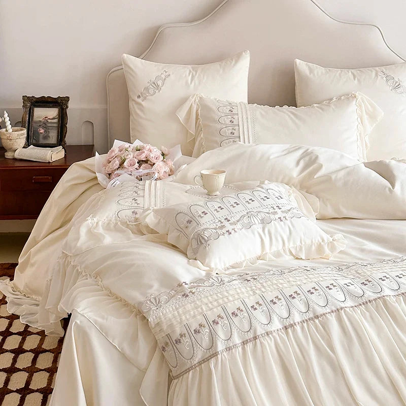 Afralia™ Flowers Embroidery Princess Wedding Lace Bedding Set 1200TC Cotton Duvet Cover Flat Sheet Pillowcases