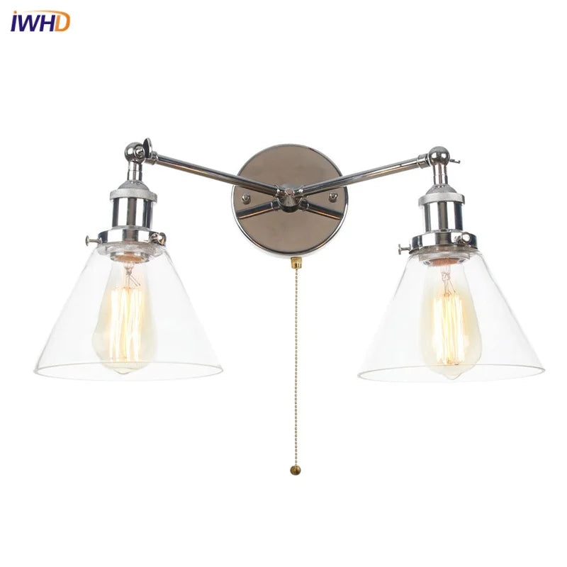 Afralia™ Retro LED Wall Light with Pull Chain Switch, 2 Heads Sconce for Living Room