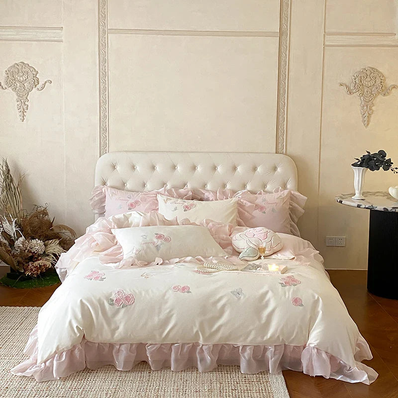 Afralia™ Butterfly Flowers Lace Ruffles 4Pcs Bedding Set: Duvet Cover, Sheet, Pillowcases