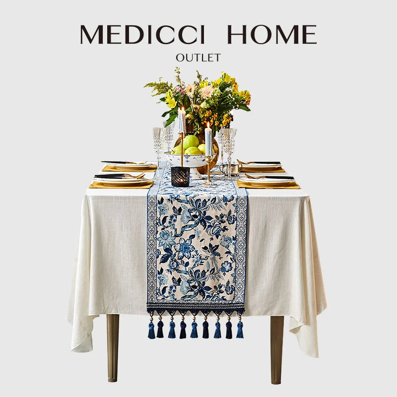 Afralia™ Blue White Porcelain Floral Table Runner Tassel Chinoiserie Vintage Style