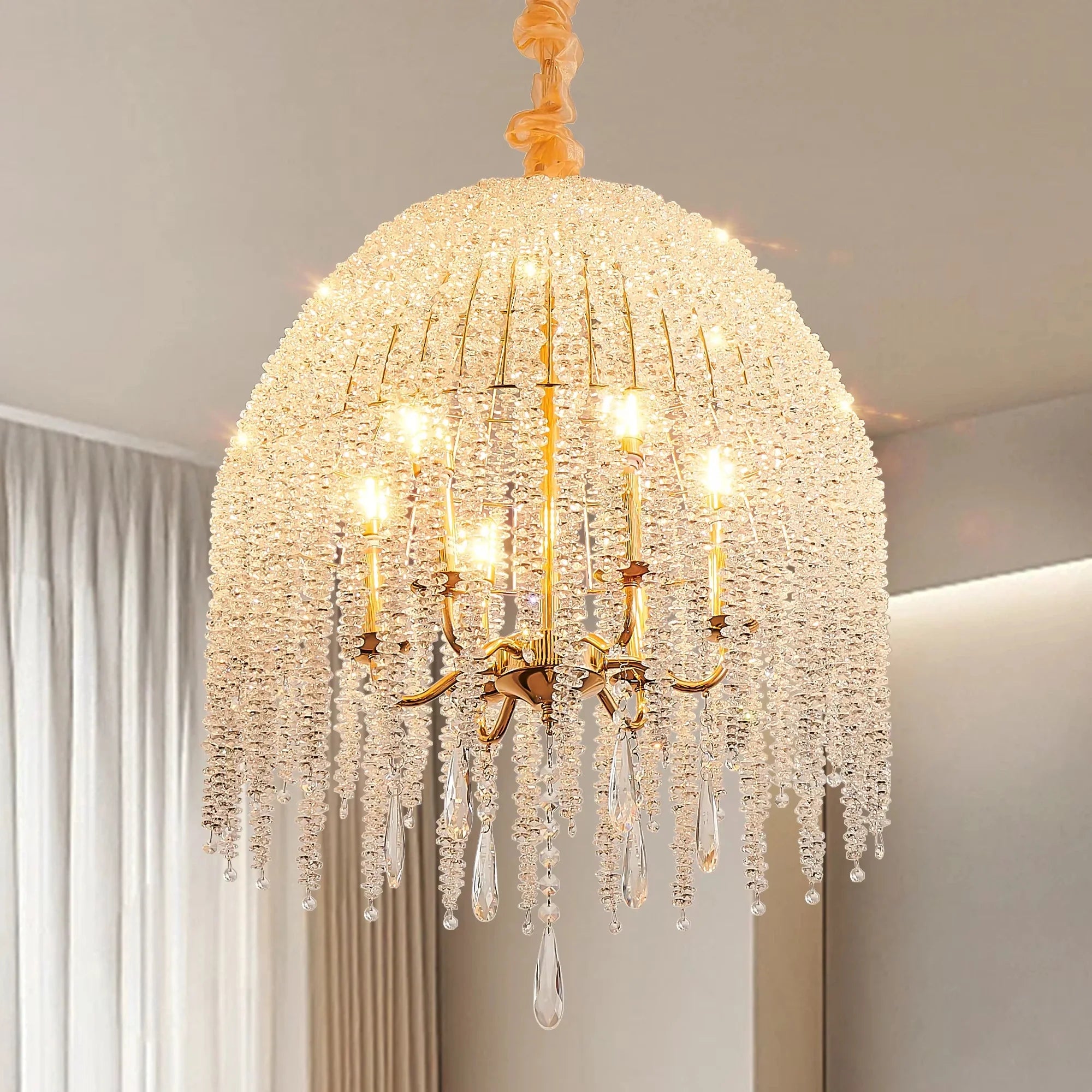 Afralia™ Crystal Waterfall Chandelier with Gold Finish - 6-Light Elegant Design