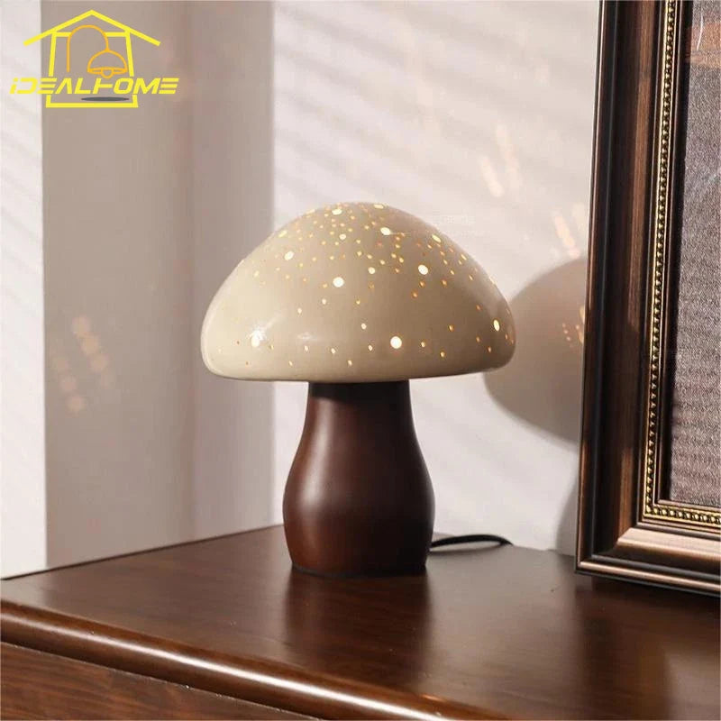 Afralia™ Ceramic Mushroom Table Lamp LED Wood Art Decor Desk Light